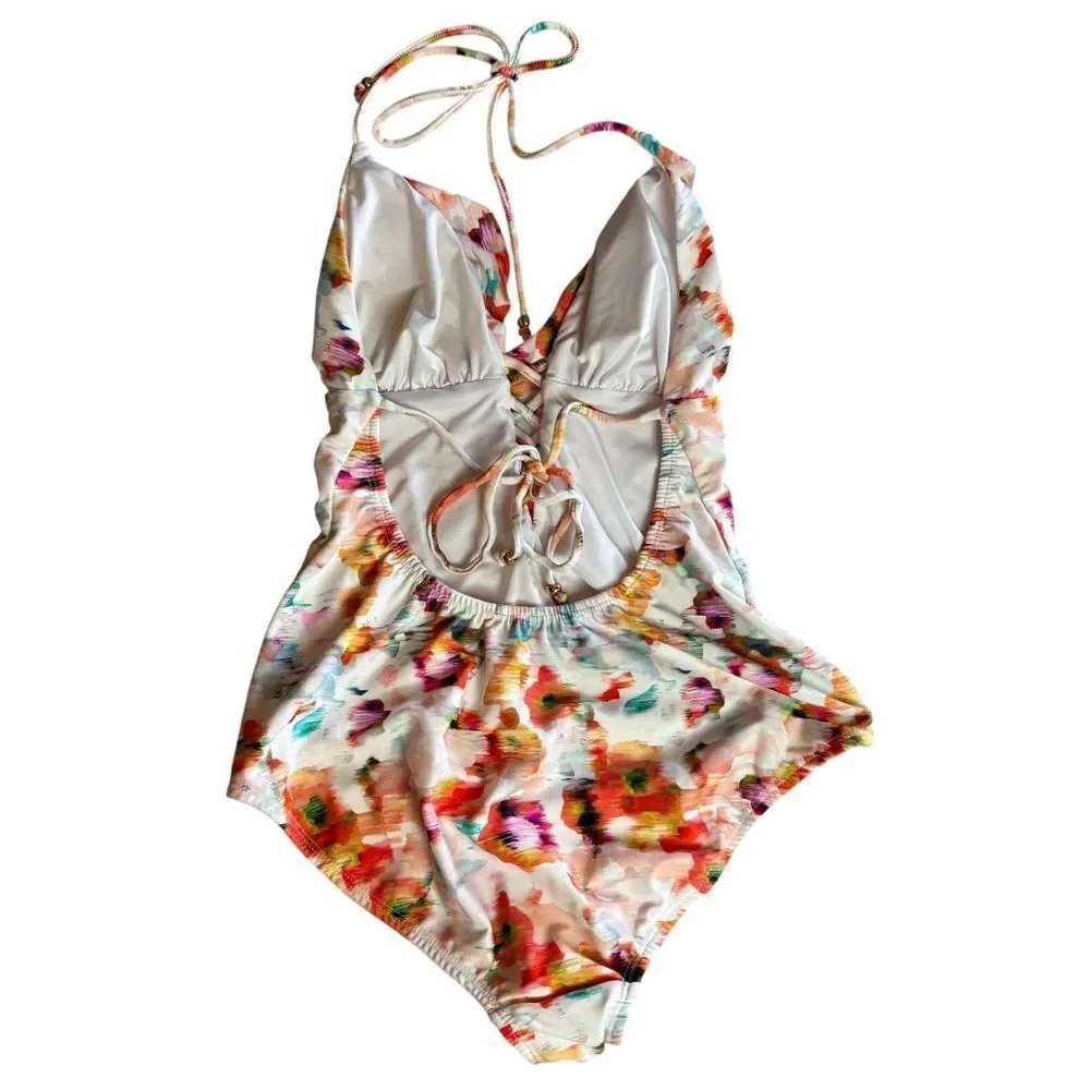 Shoshanna Deep V Halter One Piece Lace Up Swimsuit Bathing Suit Size 6 $230